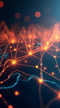 Abstract digital network visualization with orange glowing nodes and connected lines on a dark background. Perfect for technology, communication, and data transfer concepts.