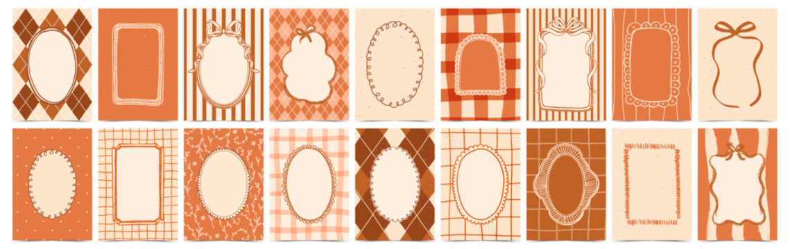 Big vintage autumn frame set with ribbons, bows, checkered and argyle patterns in whimsical coquette hand drawn style. Cozy decorative vector templates for greeting card, invitation, label, wall art