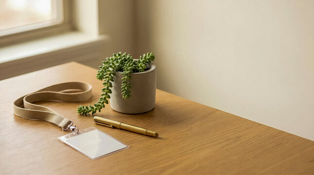 New employee id badge and welcome desk essentials close up photo with copy space, close-up still life of a blank employee identification badge on a canvas lanyard, a brass fountain pen and a small suc