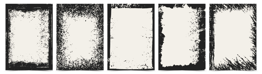 Fototapeta premium Grunge frame set with distressed rectangular borders, black noise overlays and scratched edges isolated on white background. Vintage dark border collection. Vector for photo, poster, print.