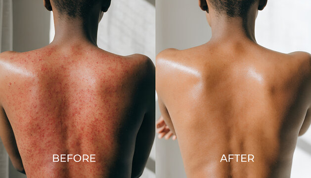 A split image comparing a man's back reveals a substantial reduction in redness and blemishes after undergoing an effective skin treatment program.