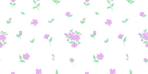 Obraz premium Vector meadow violet flowers seamless repeating pattern for textile, fabric, and wallpaper. Tiny florals and leaves on white background.