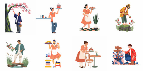 Fototapeta premium Diverse Flat Illustration Set of People Picking Fruit and Vintage Waitresses Serving Fresh Pies in Various Settings
