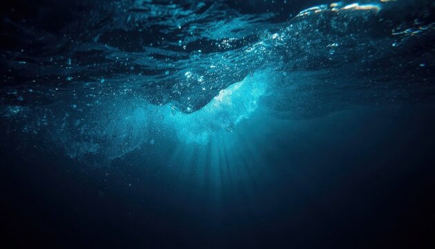 Underwater view of water surface with light refraction and bubbles underwater refraction abstract background splashing sunlight transparent swimming submerged illumination atmosphere