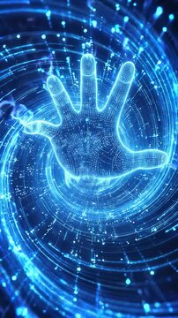 Glowing digital hand reaching through swirling blue data vortex. Vertical video with panning camera movement.