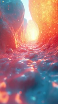 Vivid 3D illustration showing a futuristic microscopic view inside a cellular or organic environment with glowing textures and intense, colorful lighting for scientific or creative use.