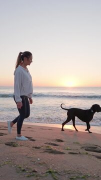 Young woman walking with black dog on beach at sunset vertical video coastal walk active lifestyle pet owner fitness workout outdoor nature sea backdrop concept