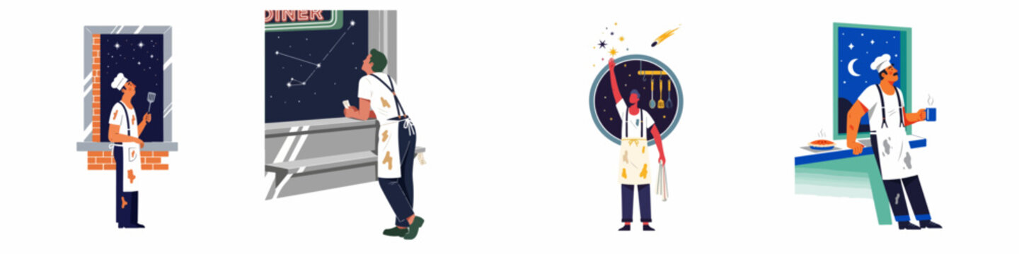 Flat vector illustrations of chefs and cooks in messy aprons looking out windows at the starry night sky during a work break.