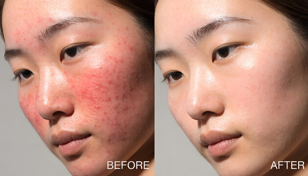 Comparison of an East Asian woman's face, showing severe redness and acne in the 'BEFORE' image, and a calm, clear, and smooth complexion in the 'AFTER' image.