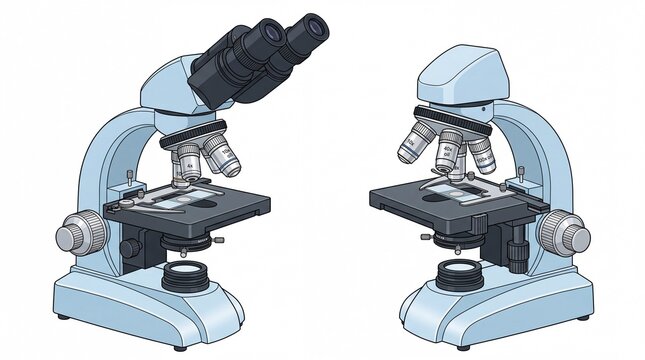 Professional scientific lab microscopes displayed side by side as flat vector illustrations on white background