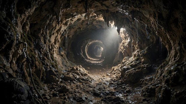 Dark underground cave tunnel. Natural rock cavern with light shining through the entrance.