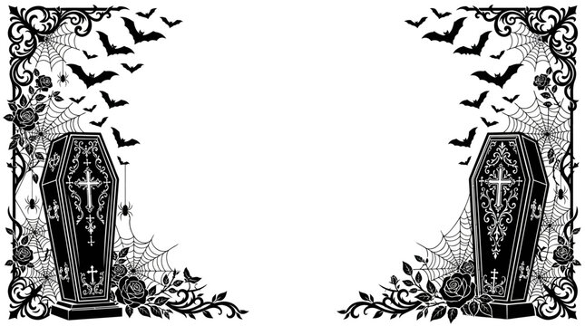 Gothic Halloween border with coffins and bats. Ornate Victorian frame with spider webs and roses. Spooky cemetery vector illustration. isolated on White Background svg