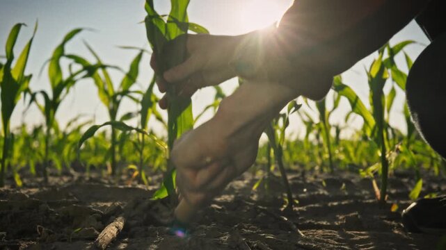 In an open field, farmer carefully digs up young corn plant with a special shovel, collecting data on the growth and condition of the crop. The concept of professional agribusiness and crop production