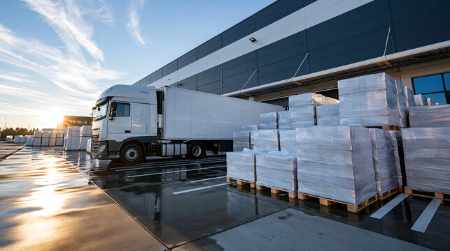 Wide bright view of a cold chain logistics warehouse with a refrigerated truck aligned at a loading dock, stacks of shrink wrapped pallets ready for distribution, clean wet concret