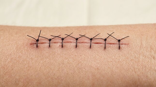 Close up macro view of surgical black thread sutures closing a neat incision wound on human skin