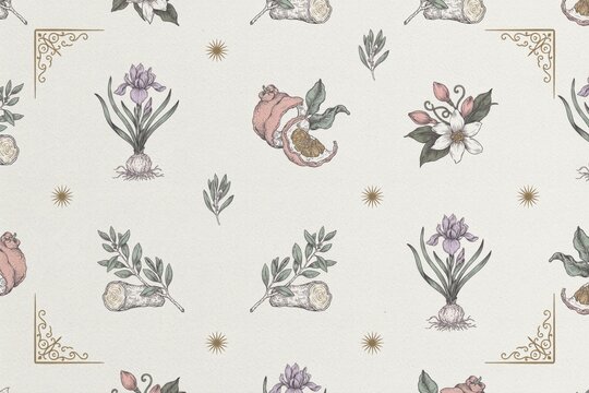 Seamless pattern with botanical of iris flowers, citrus fruit, vanilla blossoms, and woody branches on a light beige background