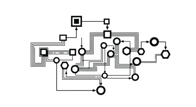 Diagram showing interconnected geometric shapes and lines represents a complex network or data flow structure.