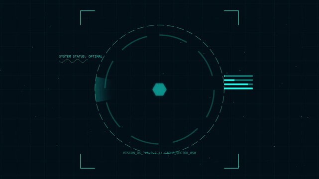 futuristic digital interface HUD graphic with hexagon target, grid lines and data streams, technology and science fiction theme