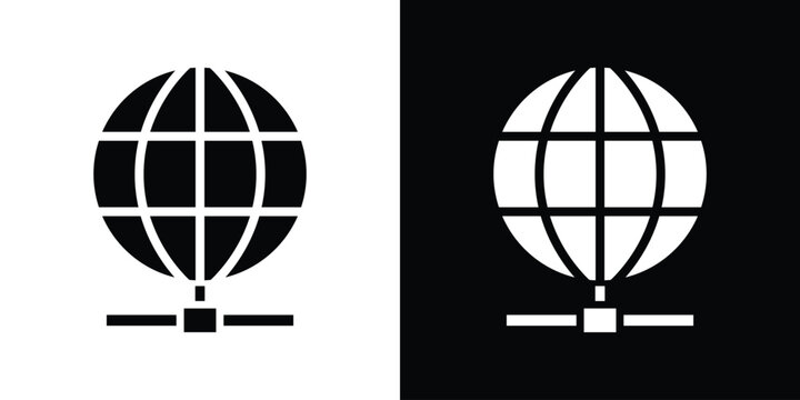 Bold globe grid icon attached to a central network connection node. Clean black and white vector symbol for global internet connectivity, data networking, and server infrastructure.