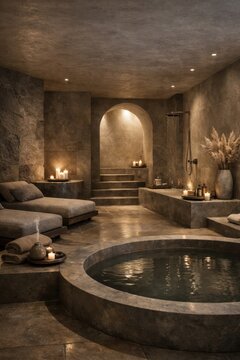 Luxury spa interior with round pool warm candlelight and elegant stone design creating relaxing wellness retreat
