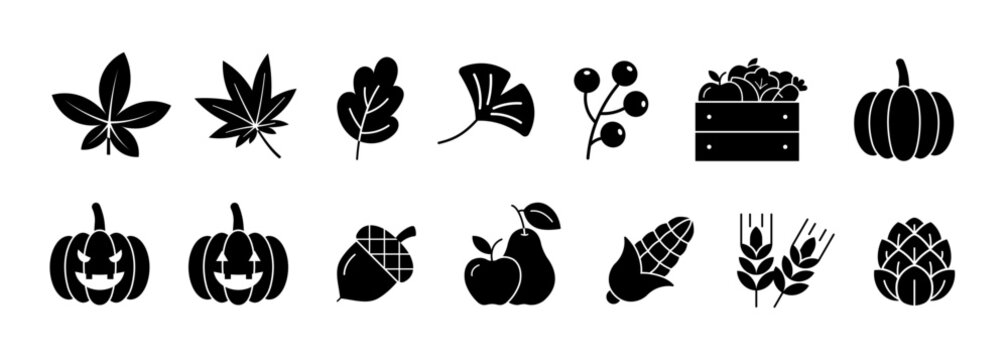 Autumn icon set. Leaves and Harvest symbol. Vector illustration.