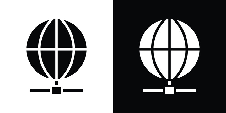 Bold globe grid icon attached to a central network connection node. Clean black and white vector symbol for global internet connectivity, data networking, and server infrastructure.