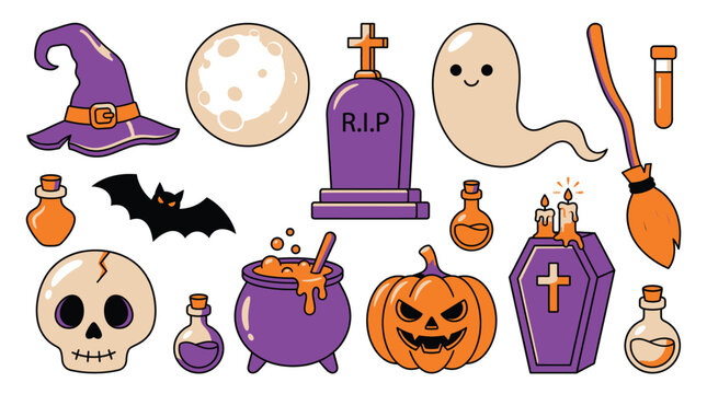 Set of cute pixel art halloween elements including ghost pumpkin skull bat witch hat and potion bottles for holiday design Vector