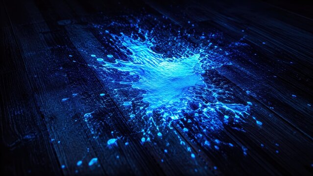 Glowing forensic chemical stain on dark wooden floor revealing hidden evidence during investigation