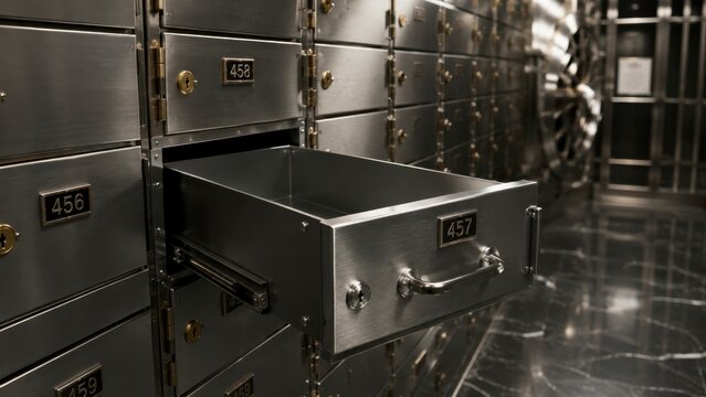 Open safety deposit box drawer inside a secure bank vault with modern metal storage lockers