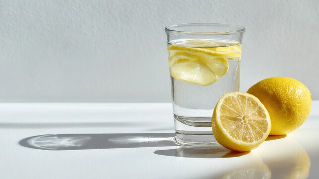 Fresh lemon water in clear glass with citrus slices on white background healthy hydration concept