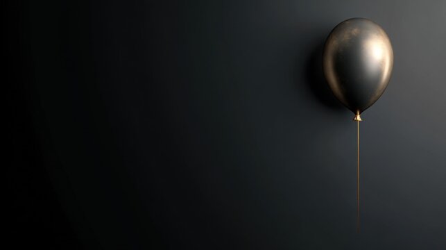 Minimal black greeting card with single golden balloon on dark background with dramatic light and shadows