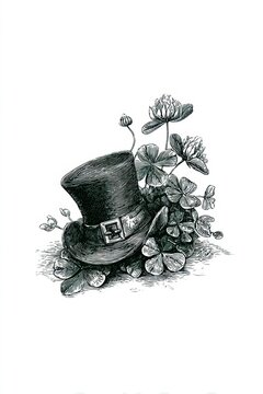 Sketch engraving of leprechaun hat with shamrock clover and wildflowers isolated on white background