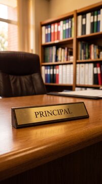 Golden nameplate reading PRINCIPAL on a polished wooden desk in a professional office.