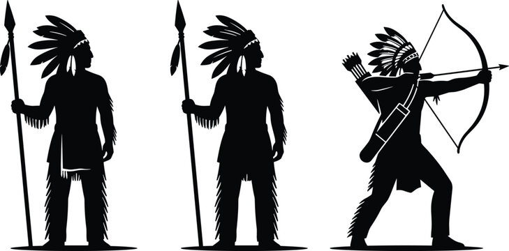 Set of silhouettes of native american warriors with spear and bow and arrow