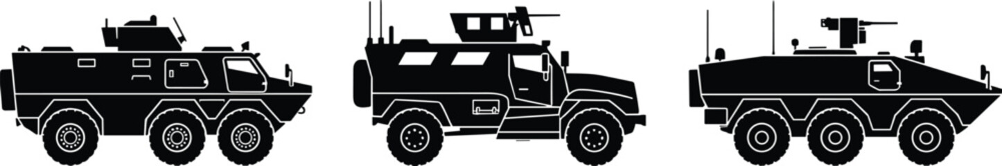 Set of military armored vehicles silhouettes, infantry fighting vehicles, army transport, vector illustration © Mahfujahmmed