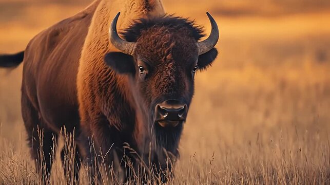 Majestic bison in natural habitat wilderness animal portrait golden hour