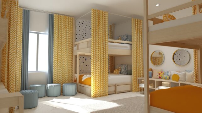 Modern childrens bedroom interior design featuring bunk beds and decor