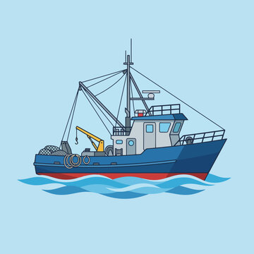 A blue and red fishing trawler on a calm sea under a clear sky