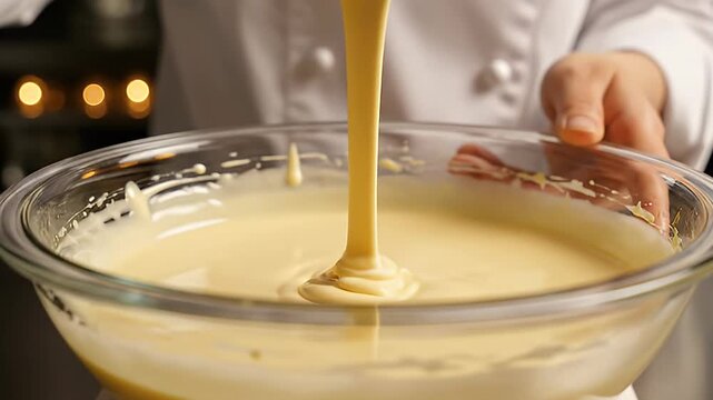 Chef whisking creamy batter in glass bowl for baking
