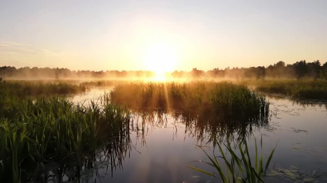 Serene view of a lush fen wetland at dawn with golden light reflecting on calm water and tall reeds swaying in the mist over the marsh