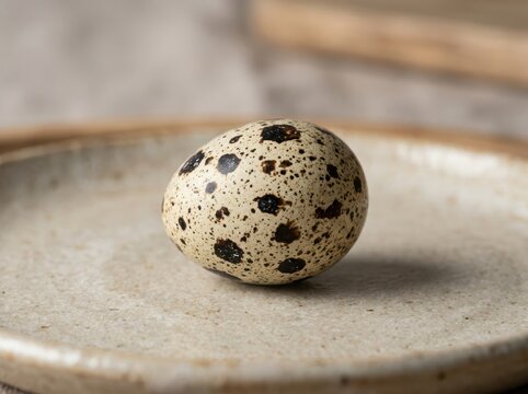 A single small spotted quail egg resting on a simple ceramic plate in a bright kitchen setting for a healthy breakfast meal