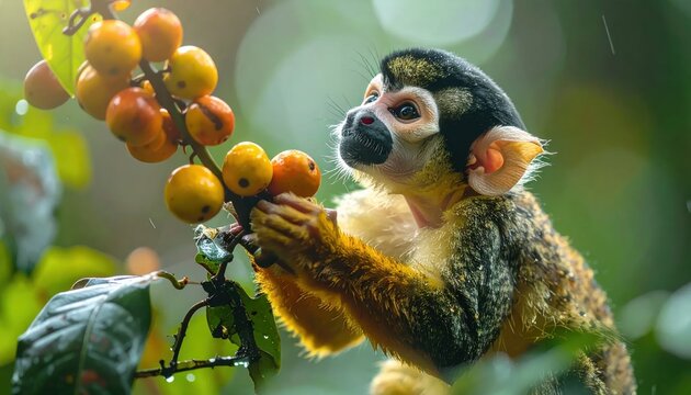 Cute Squirrel Monkey Foraging for Fruit in Tropical Rainforest with Lush Green Background and Ample Copy Space for Text