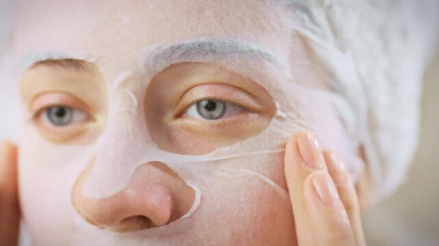 In sleek bathroom, young woman gently spreads aloe vera mask across her skin, smoothing it in front of mirror. The soothing routine highlights at-home skincare, emphasizing hydration and self-care