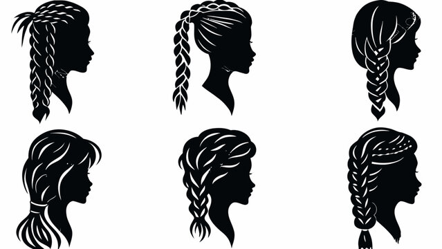 Set of female braided hairstyle silhouettes profile vector icons with silhouette