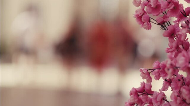 Pink flowers are shown in sharp focus with intentionally blurred people in the background creating a shallow depth of field.