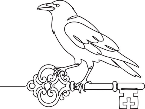 Gothic raven perched on antique skeleton key line art vector