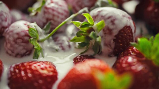 Macro shot of the texture of strawberries drizzled with cream, with the seeds clearly visible. Concept for a natural source of vitamins for a healthy and balanced diet