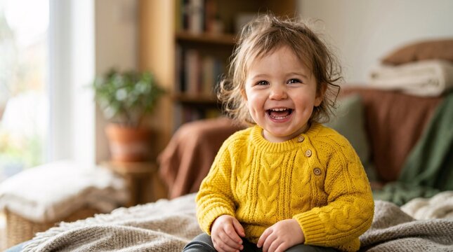 Joyful laughing toddler wearing a bright yellow knitted sweater with adorable dimples and bright sparkling eyes, capturing pure happiness.