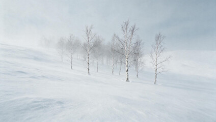 Obraz premium Bare birch trees in a snowy winter landscape. Foggy and misty forest covered in deep snow. Cold weather and freezing environment concept