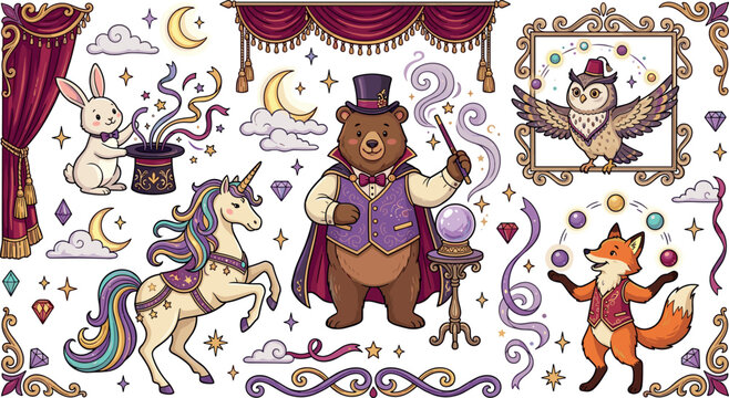 Vintage fantasy magic circus show design kit featuring cute magician bear rabbit unicorn juggling fox owl and theater stage elements